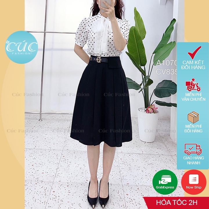 Áo sơ mi nữ CÚC FASHION somi tay ngắn cao cấp vải lụa đẹp thời trang công sở vàng xanh trắng đi học chấm bi nơ tơ A1070