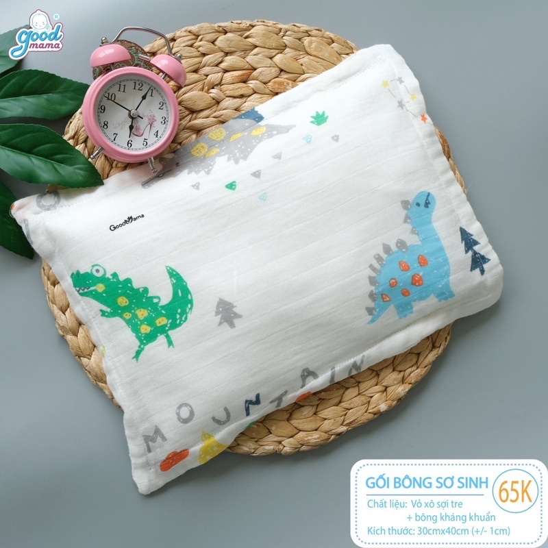 Gối Bông Sơ Sinh Cho Bé Goodmama vỏ xô sợi tre, bông microfiber kháng khuẩn tự nhiên