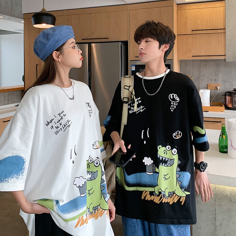 Áo Thun Tay Lỡ - APT Unisex - Kiểu Dáng Unisex In Hình Khủng Long Độc Đáo