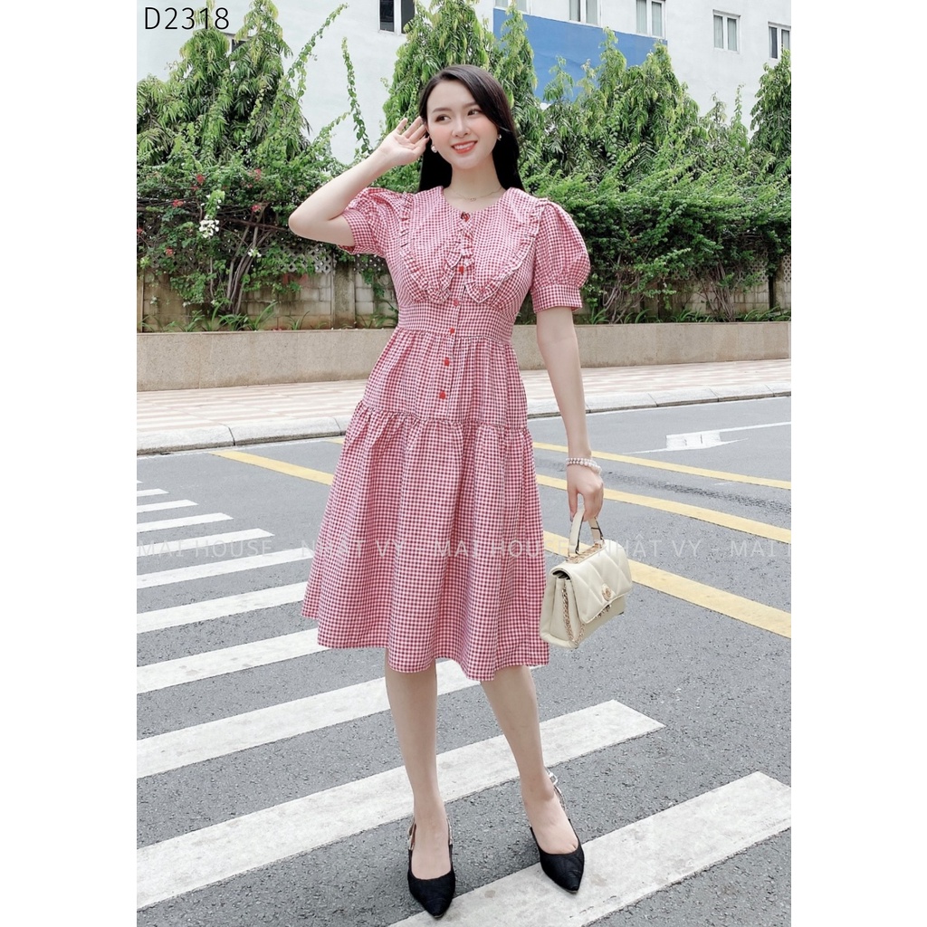 Đầm Đi Chơi NHẬT VY Cổ Tròn Cài Cúc Phối Bèo Cổ Lớn Chất Caro Dày Dáng Xoè Màu Xanh, Đỏ, Nude - D2318