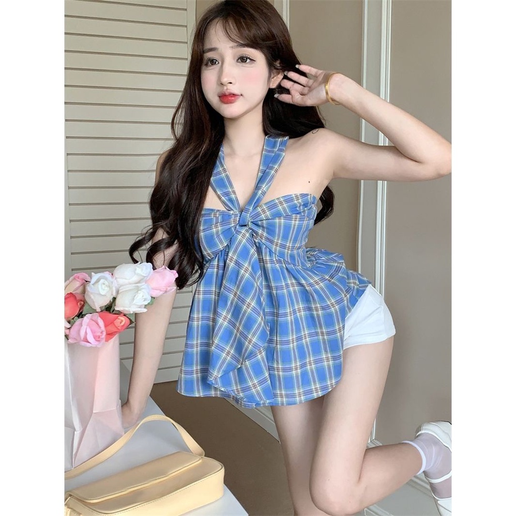 Jiashucheng Áo Hai Dây Dáng Ngắn Sọc Ca Rô Phong Cách Retro Thời Trang Hè Cá Tính Cho Nữ