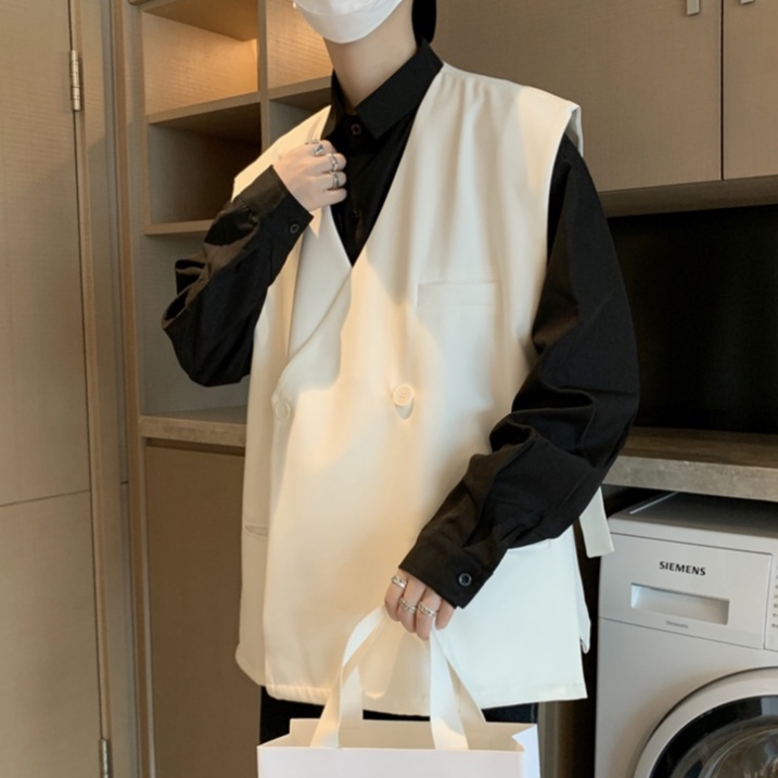 Áo Khoác Vest Không Tay Dáng Rộng Màu Trơn Nhiều Túi Phong Cách Hàn Quốc Cho Nam