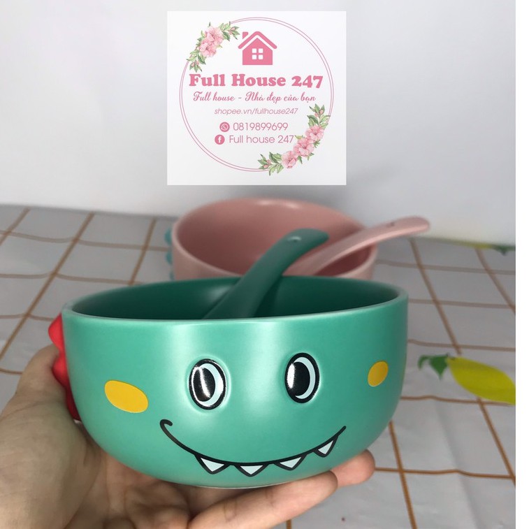 Bát ăn dặm bằng gốm sứ cao cấp hình chú khủng long tặng kèm thìa bằng sứ cho bé yêu tập ăn dặm