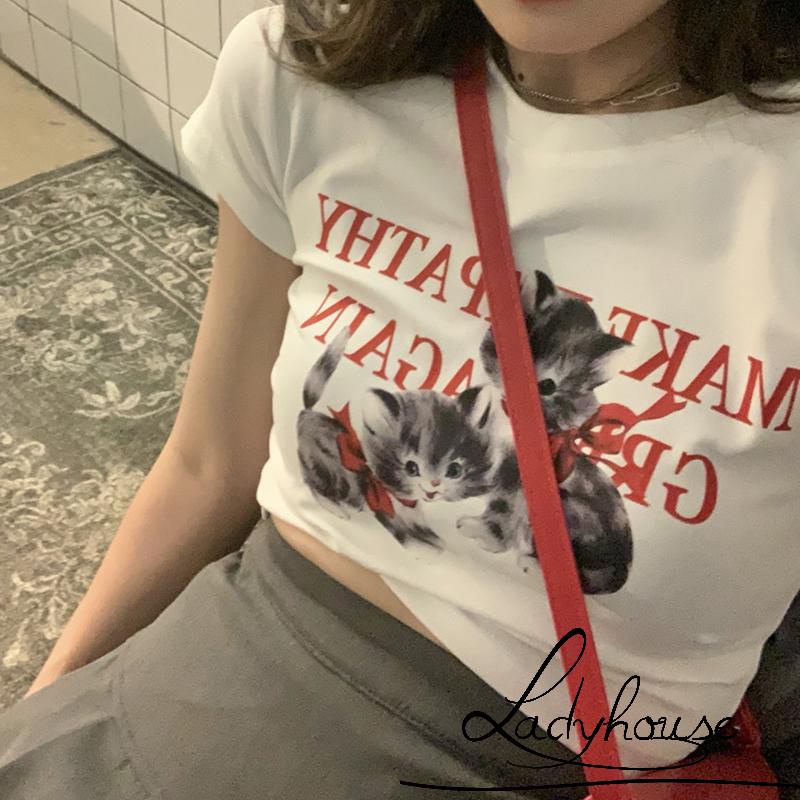 Áo Thun Crop Top Tay Ngắn Cổ Tròn In Hình Mèo Dễ Thương Thời Trang Mùa Hè Dành Cho Nữ