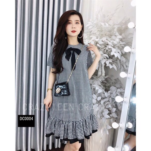 [9.9 Sales Freeship] Đầm tiểu thư nữ đinh nơ, đầm  caro đen dáng suông đuôi cá bèo cột nơ đen cổ đi chơi dễ thương