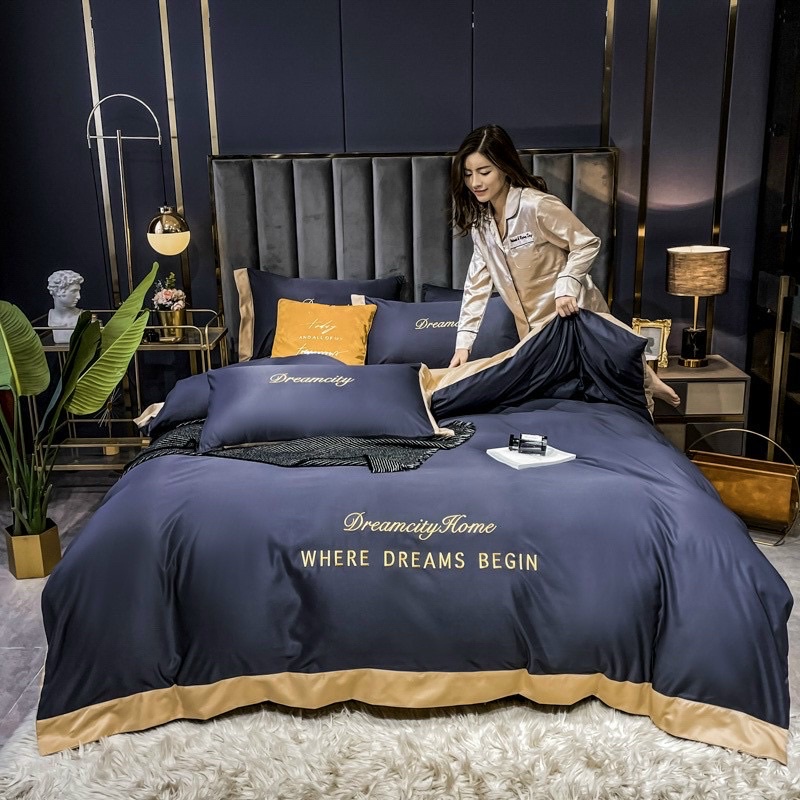 Bộ Chăn Ga Gối Phi Lụa Thêu Chữ Cao Cấp Lụa DreamCity Home Phong Cách Sang Chảnh Mịn Mát Bộ 5 Món tặng kèm vỏ gối ôm