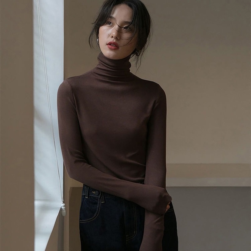 Áo Thun Tay Dài Dáng Ôm Cổ Lọ Màu Trơn Dễ Phối Đồ Thời Trang Cho Nữ