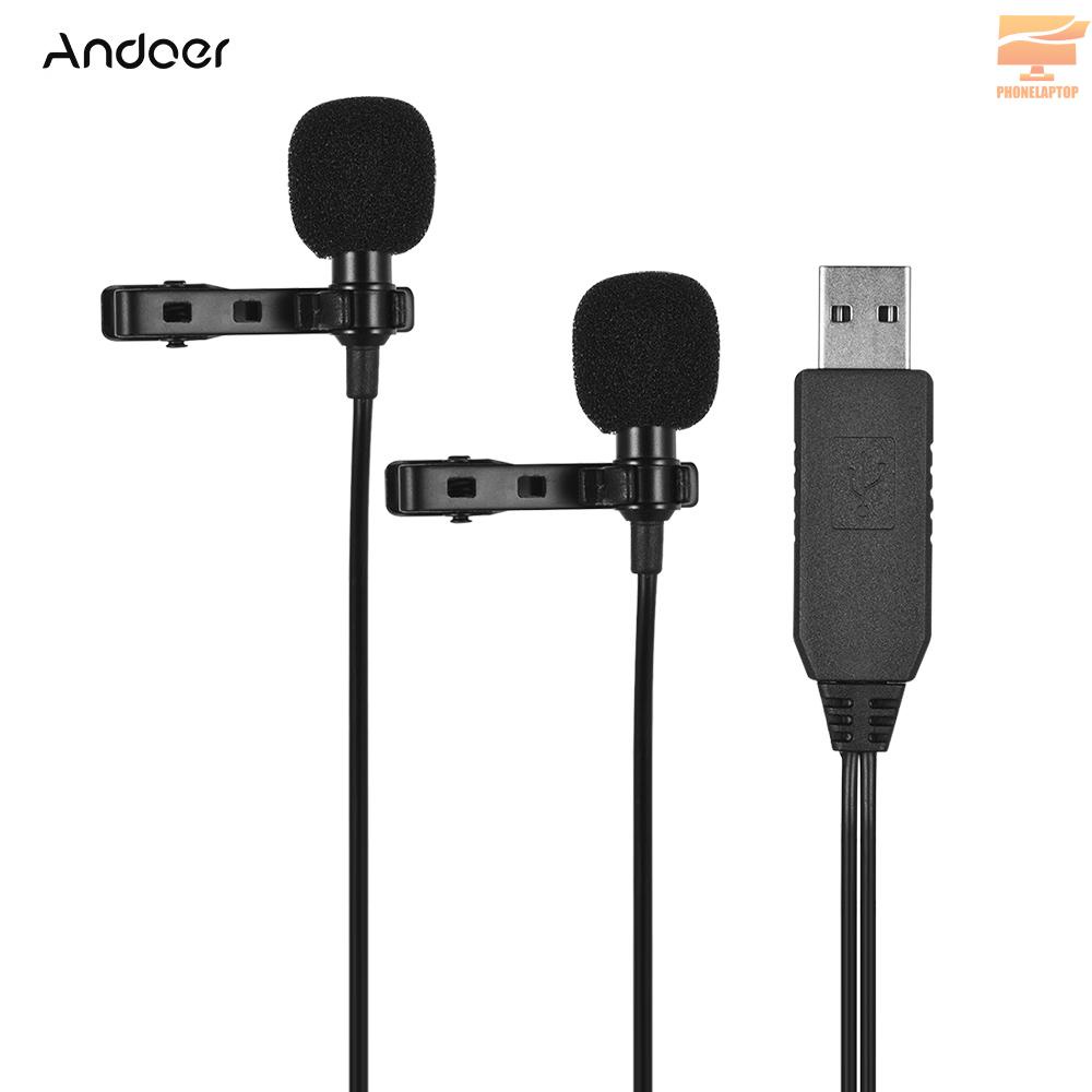 Lapt Andoer 4.5m/15ft USB Dual-head Lavalier Lapel Microphone Clip-on Omnidirectional Computer Mic for Windows Mac Video Audio Recording