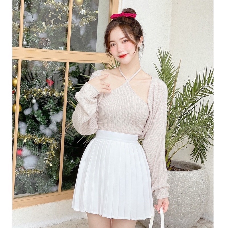 Set Áo Croptop Kèm Khoác Cardigan Tay Phồng YUMI BÁN SỈ