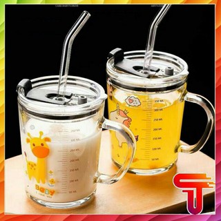 Cốc uống nước thủy tinh chia vạch ml tặng kèm ống hút silicon