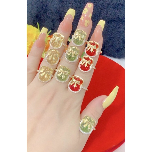 Nhẫn nữ dát vàng 18 đính đá phong thuỷ kiểu túi tiền chạm nơ vàng mẫu mới về cực đẹp cực sang