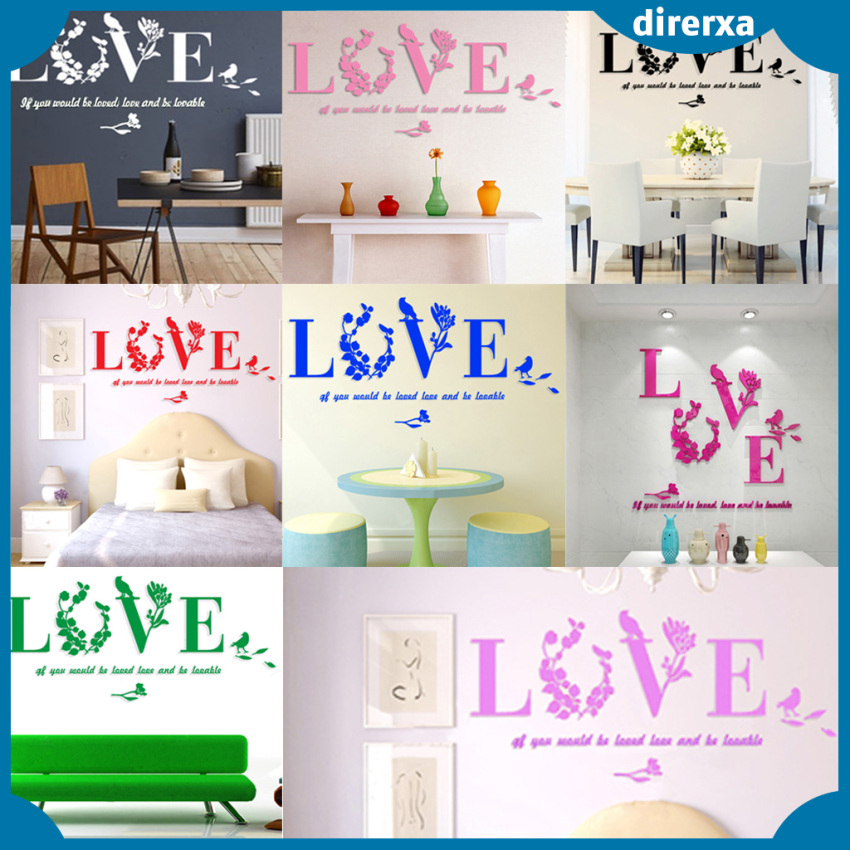 Sticker Gương Dán Tường 3d Hình Lá Và Chữ Love