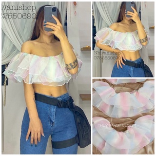 áo trễ vai voan kính cầu vồng sang chảnh ( áo croptop cầu vồng )