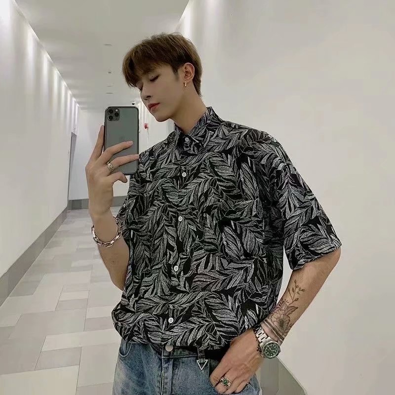 ♞AFF LIGE♞ Áo Sơ Mi Tay Ngắn Dáng Rộng In Họa Tiết Độc Đáo Thời Trang Đi Biển Phong Cách Hàn Quốc Cho Nam