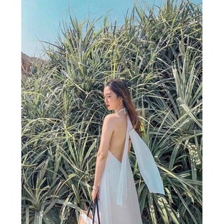 ĐẦM YẾM MAXI SUÔNG CỘT NƠ CỔ HỞ LƯNG