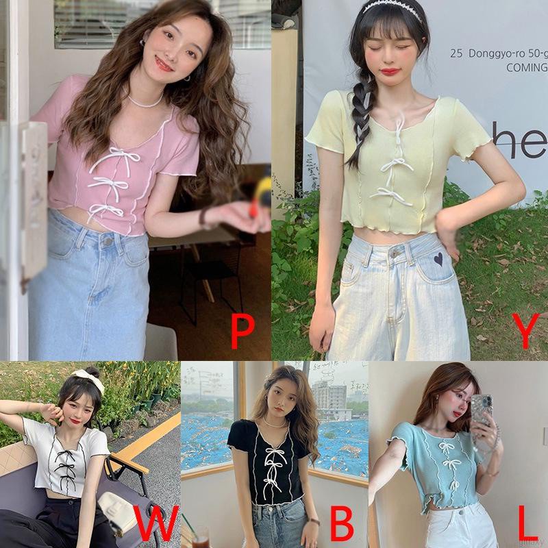 Áo Croptop Dệt Kim Tay Ngắn Cổ Tròn Phối Nơ Phong Cách Hàn Quốc Cho Nữ