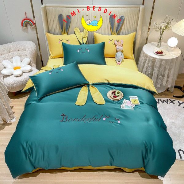 Bộ chăn ga gối lụa tai thỏ mát mẻ, cao cấp chất liệu phi lụa thoáng mát– Timibedding