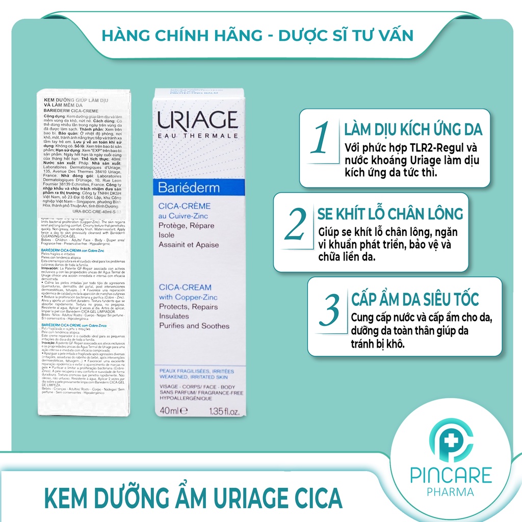 Kem dưỡng ẩm phục hồi da Uriage Bariéderm Repairing Cica-Cream 40ml - Hàng chính hãng - Nhà thuốc PinCare