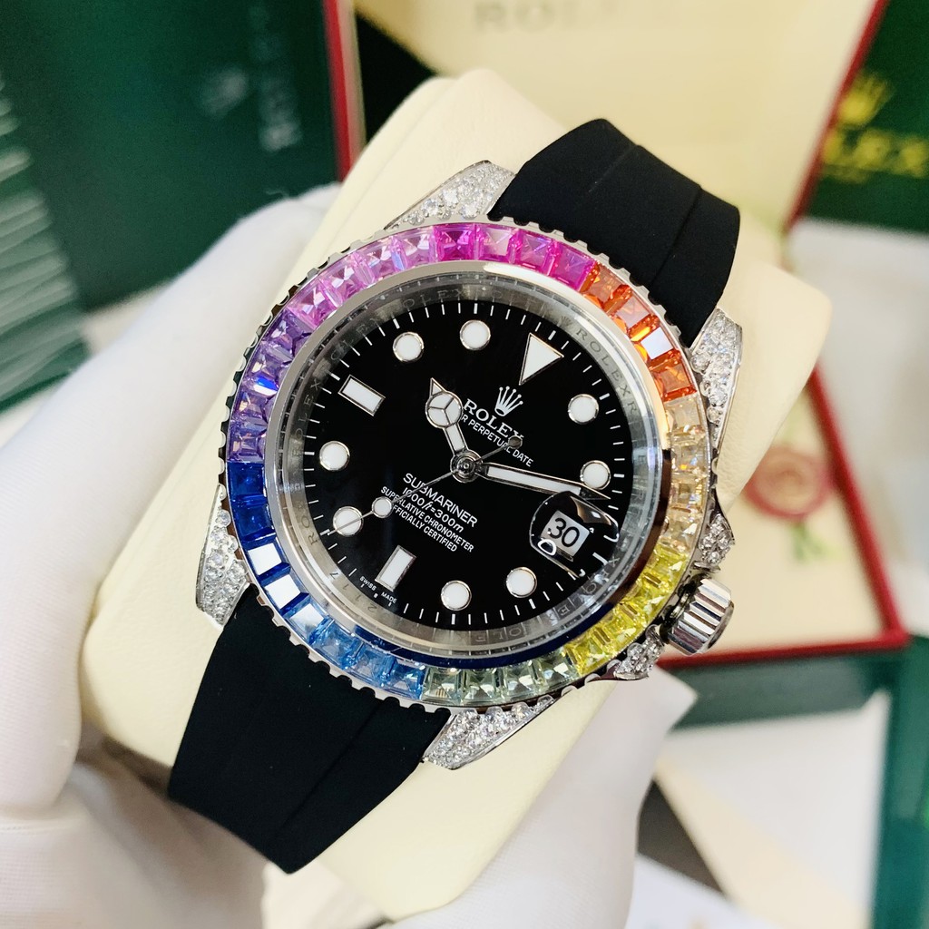 Đồng hồ nam RL máy cơ mặt tròn đính đá ngũ sắc, dây cao su chống nước cao cấp DH544 shop114 | BigBuy360 - bigbuy360.vn