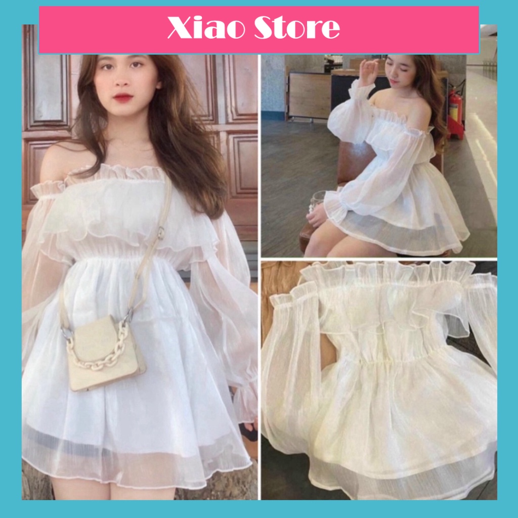 áo trễ vai tay bồng vải Tơ lụa 2 lớp, áo babydoll nữ bánh bèo dài tay nhún ngực 2 màu ullazang babydoll hot trend babydo
