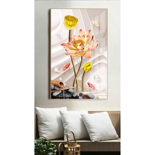Tranh treo tường hiện đại nghệ thuật hoa sen cá tài lộc chất liệu bóng kính hoặc vải canvas 201811171554189607463