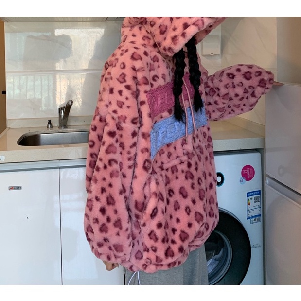 Áo hoodie chất liệu len dày dặn ấm áp in họa tiết da báo dễ thương cho nữ