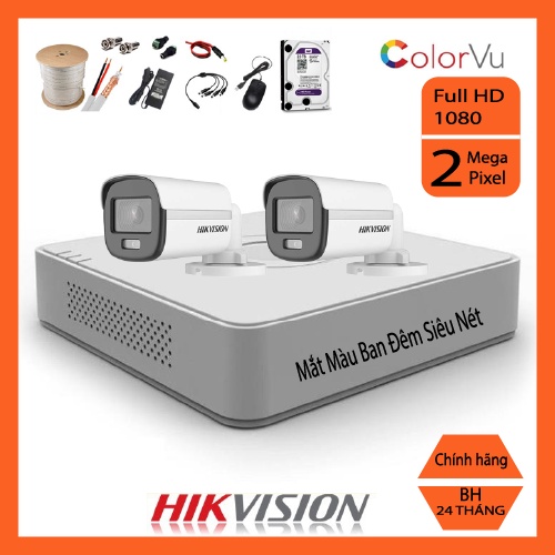 Trọn bộ 1/2/3/4/5/6/7/8 camera giám sát hikvison có màu ban đêm Full HD 1080p - Đầy đủ phụ kiện lắp đặt