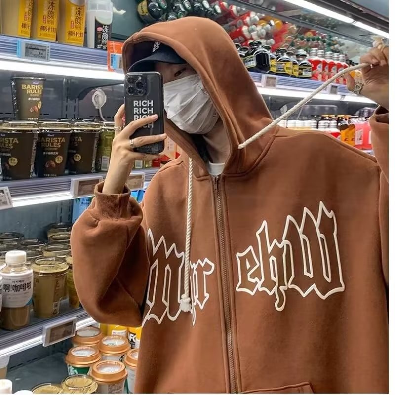 【Ba màu】vintage zip Kaki áo hoodie nam nữ harajuku Nâu áo hoodie form rộng áo khoác nam dây kéo Hiphop áo hoodie nữ