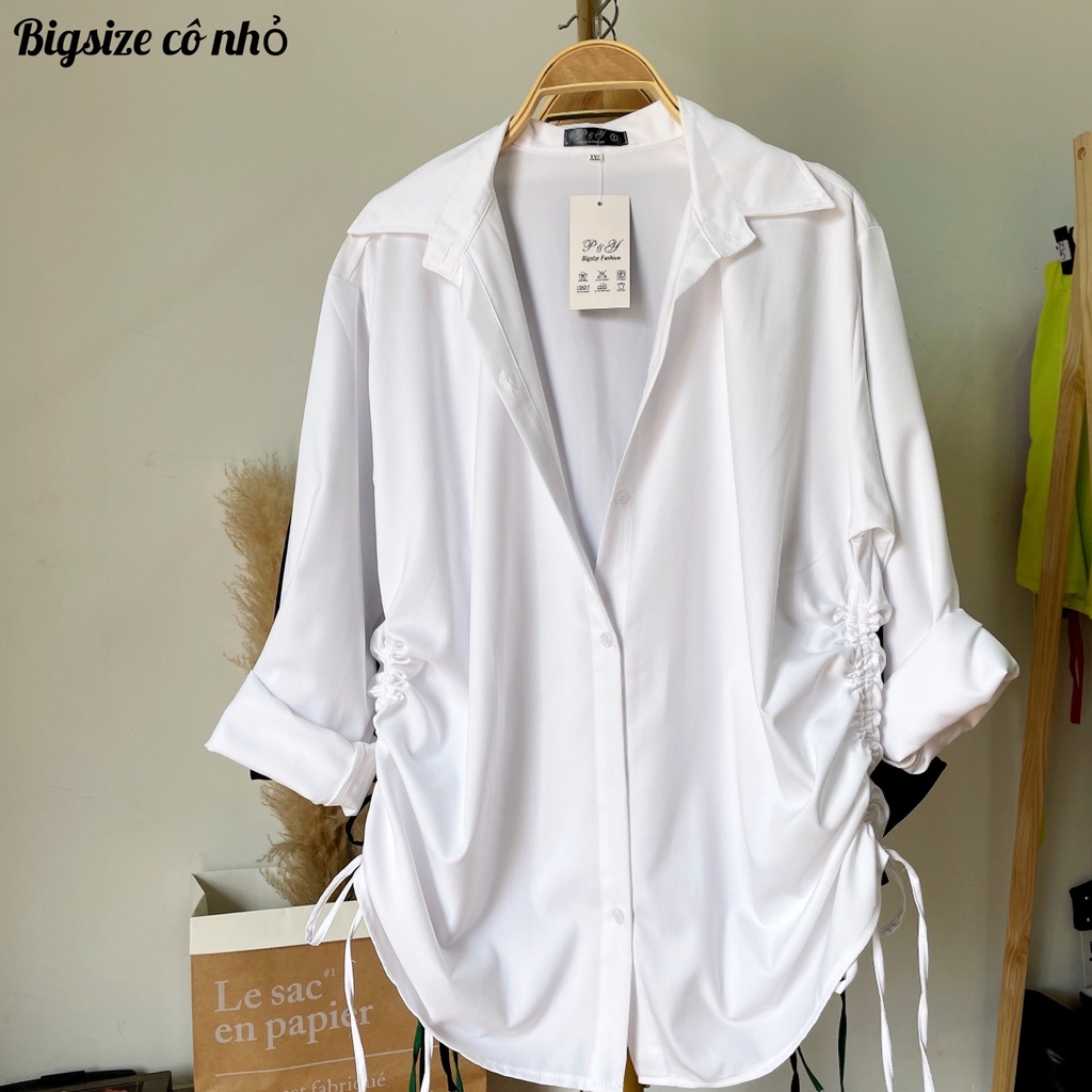 Áo sơ mi nữ tay dài phom rộng bigsize rút dây 2 bên dáng dài,áo sơ mi kiểu đủ màu mã at4
