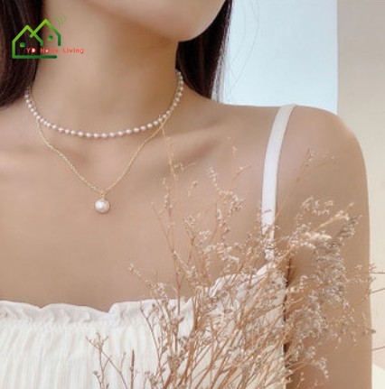 Vòng cổ 2 lớp đính ngọc trai giả thời trang cho nữ