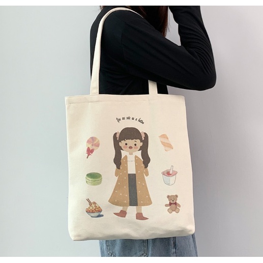 Túi tote vải canvas đi học đi chơi có khóa kéo hàn quốc đeo vai in nhiều kiểu