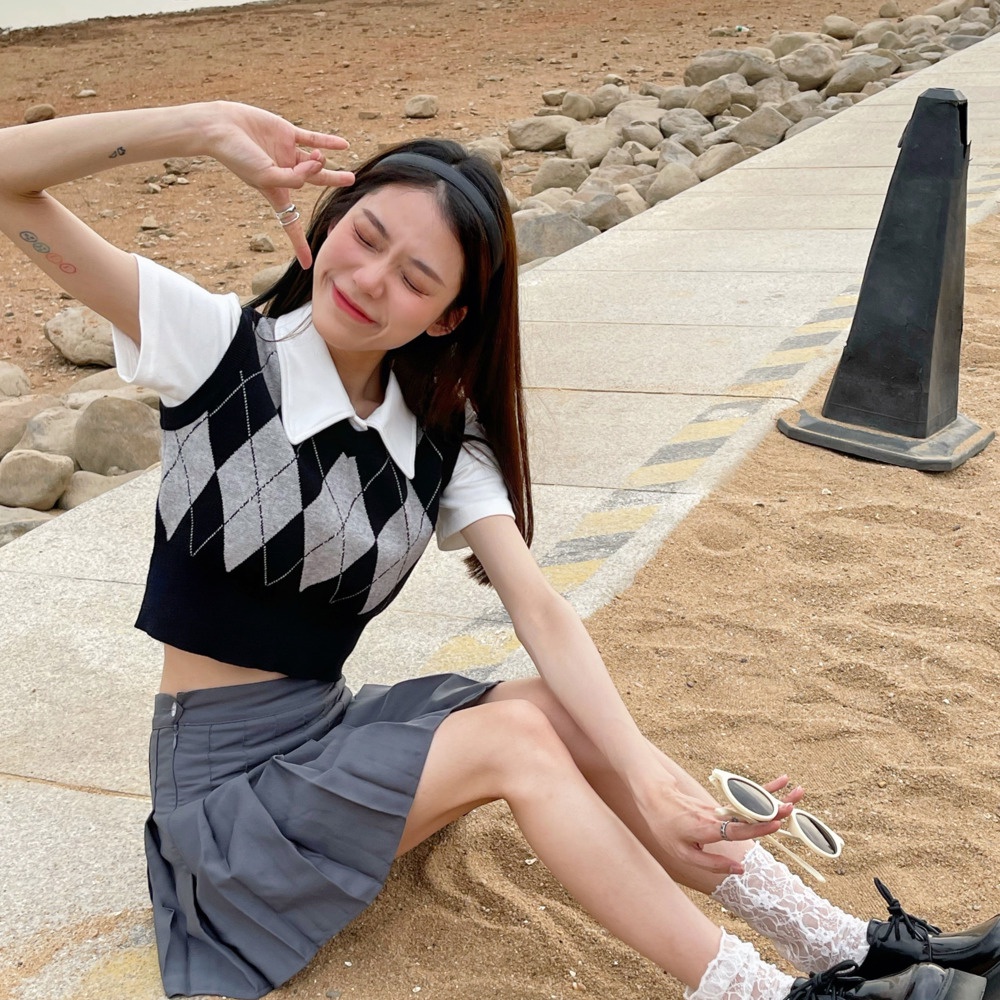 Áo len không tay cổ chữ v họa tiết kim cương thời trang cho nữ