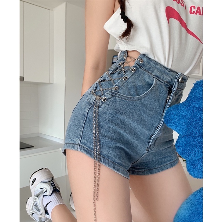 QUẦN SHORT JEANS DÂY XÍCH CẠP CAO THỜI TRANG NỮ