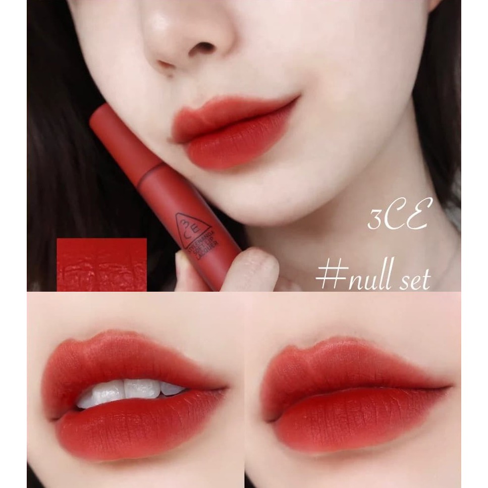 Son kem 3CE Soft Lip Lacquer Null Set - Đỏ gạch rất tôn da và trendy.