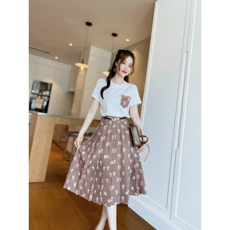 HÀNG QC - SET ĐẦM XÒE ÁO THUN CHÂN VÁY XẾP LY CAO CẤP - ZCT394520