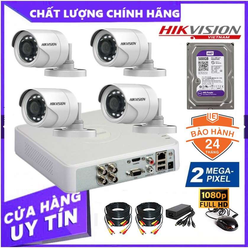 [FREESHIP⚡️]Bộ Camera giám sát HIKVISION Full HD 1080P - Trọn bộ 4 mắt 1080P + Đầu ghi + HDD500G