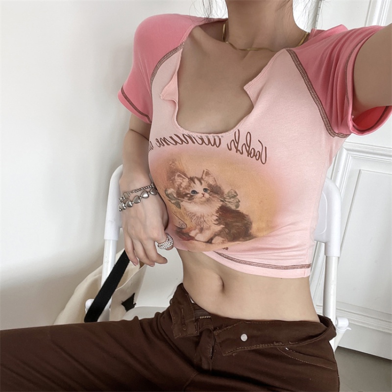 Áo Thun Croptop Tay Ngắn Dáng Ôm In Hình Mèo Dễ Thương