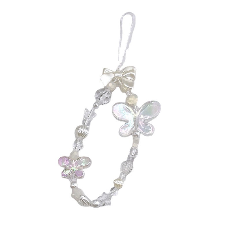 Dây Đeo Điện Thoại Bằng Acrylic Mềm Chống Thất Lạc Hình Bướm Màu Laser Đính Hạt Ngọc Trai Dễ Thương