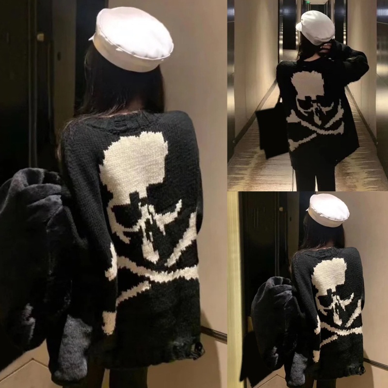 Áo len tay dài cổ tròn in hình đầu lâu phong cách Harajuku độc đáo