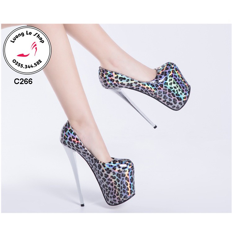 Giày cao gót 19cm gót nhọn kín mũi da bóng vân hổ nhiều màu ms C266