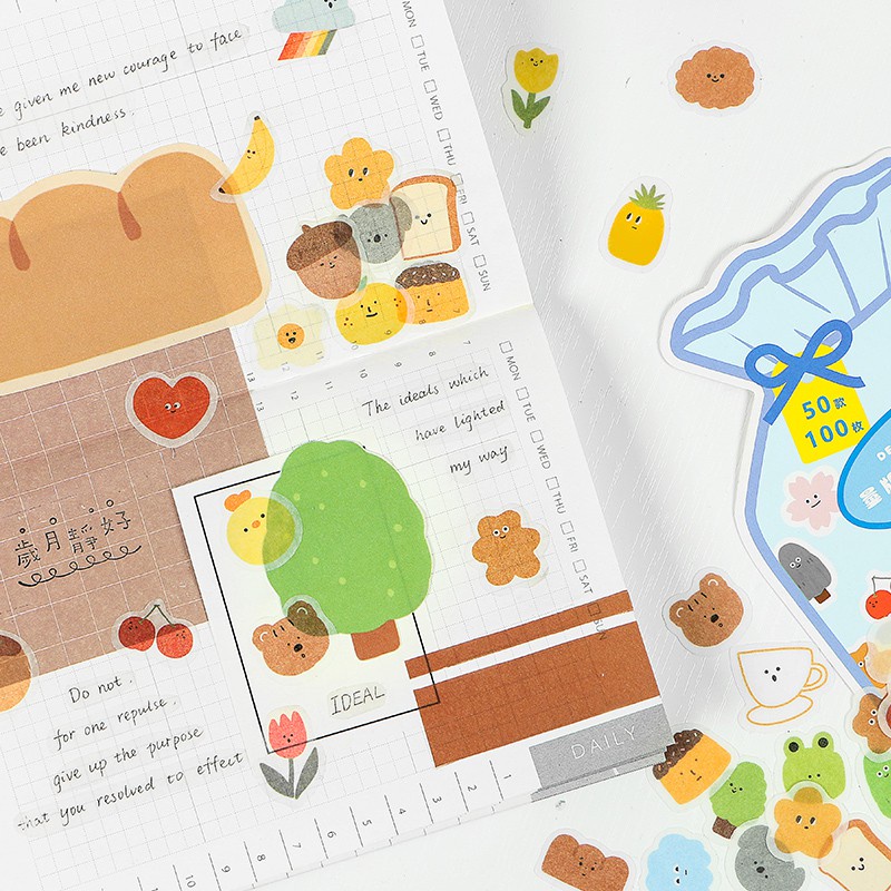 Set 100 Miếng Dán Họa Tiết Dễ Thương Trang Trí Sổ Tay