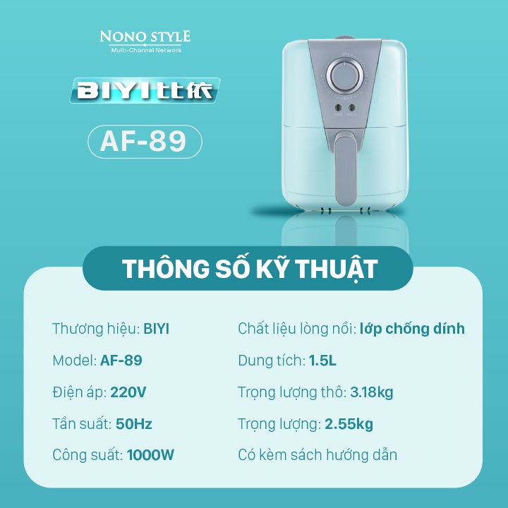 [Mã ELHADEV giảm 4% đơn 300K] Nồi Chiên Không Dầu Mini BIYI AF-89 1.5 Lít - Hàng Chính Hãng, Bảo Hành 12 Tháng