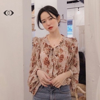 Xj-hoa Cổ Chữ V Áo Sơ Mi Voan Tươi Ngọt Tay Áo Sơ Mi Hoa Xếp Ly Tất Cả Trận Đấu Thời Trang Phối Ren Hoa Đèn Lồng Tay Áo CC