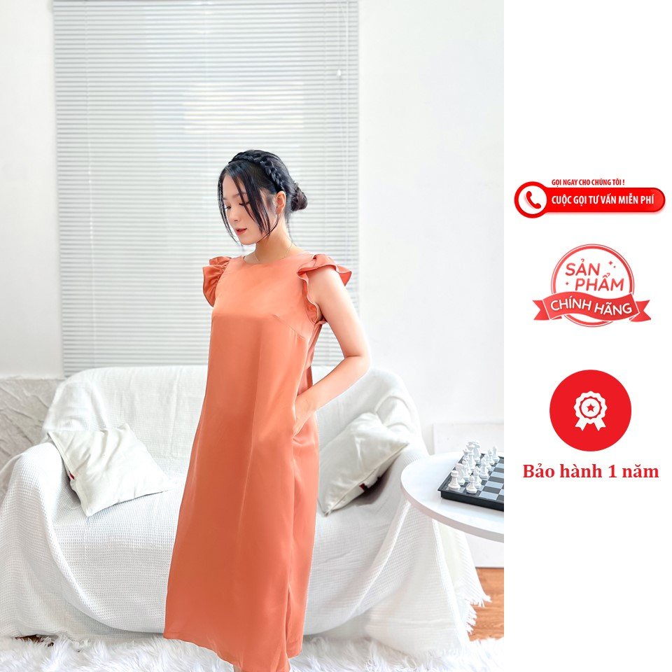 Đầm midi cánh tiên dáng suông form trơn dây thắt sau lưng The SHEI - Màu cam đất - TSD092207