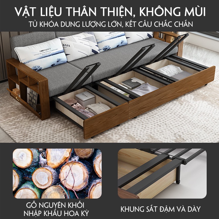Giường Sofa Đa Năng, Giường sofa thông minh tay gỗ nhập khẩu_Có ngăn chứa đồ bí mật