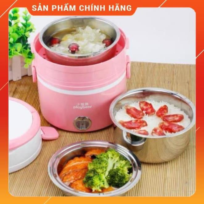 [Bh 1 đổi 1] Hộp cơm cắm điện hâm nóng inox cao cấp 3 tầng Play Bear tặng túi đựng xinh xắn