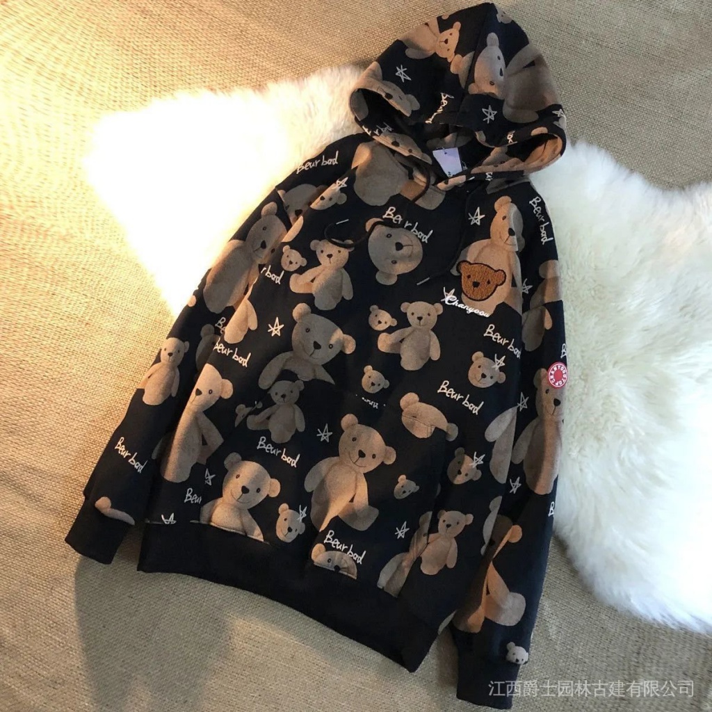 Áo khoác hoodie dáng rộng thêu hình gấu dễ thương | BigBuy360 - bigbuy360.vn