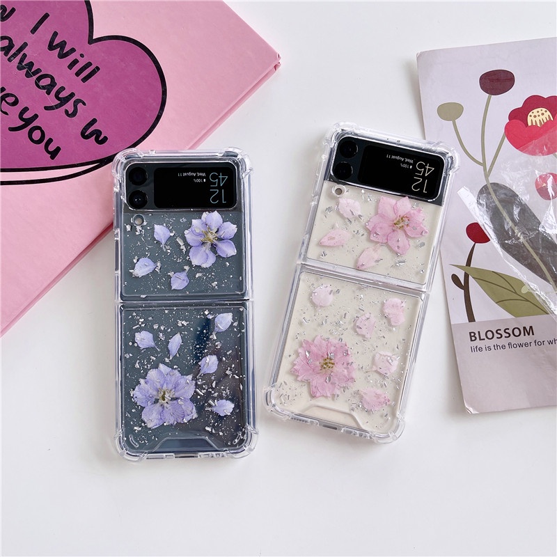 Bao Da Điện Thoại Nắp Gập Chống Sốc Phối Hoa Khô Lấp Lánh Dành Cho samsung galaxy z flip 5 z flip 4 z flip 3 5g z flip3 Ốp