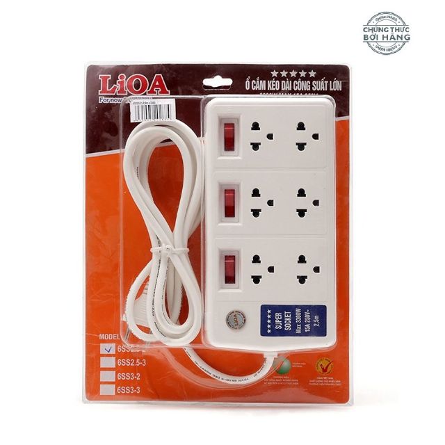 Ổ cắm LIOA 6SS2.5-2  Công suất lớn 3,300W - 15A 6 ổ    - Bảo vệ quá tải bằng CB