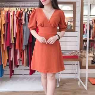 604 - Đầm xòe tay phồng cổ tim chéo